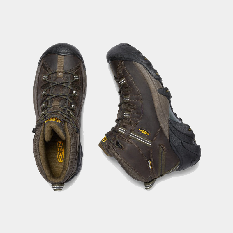 Keen Targhee II Mid hiking boots in brown leather with rugged rubber outsole and reinforced toe caps, top and side view.