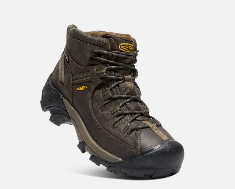 Keen Targhee II Mid hiking boots in waterproof dark brown leather with rugged outsole and lace-up design, angled front view.