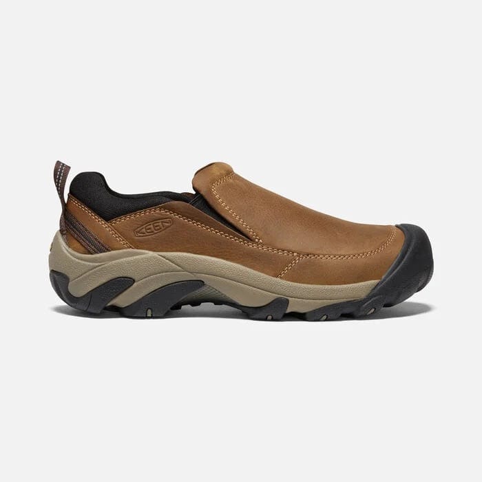 Keen Targhee II Soho slip-on shoes in brown leather with black accents and rugged sole, side view