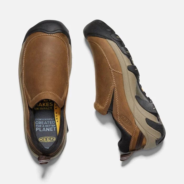 Keen Targhee II Soho slip-on shoes in brown leather with black and beige accents, top and side views showing durable outsole and stitching details.