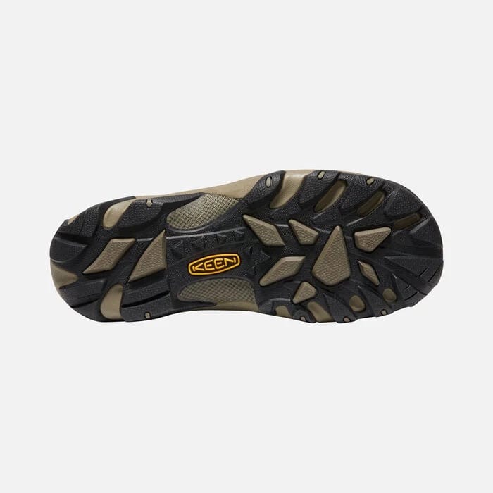 Keen Targhee II Soho shoe outsole in black and tan with rugged tread design and durable rubber material.