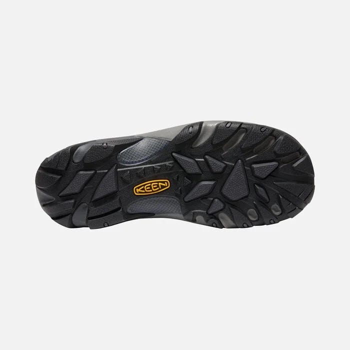 Keen Targhee II Soho shoes outsole with rugged tread pattern and orange logo, shown in black rubber.