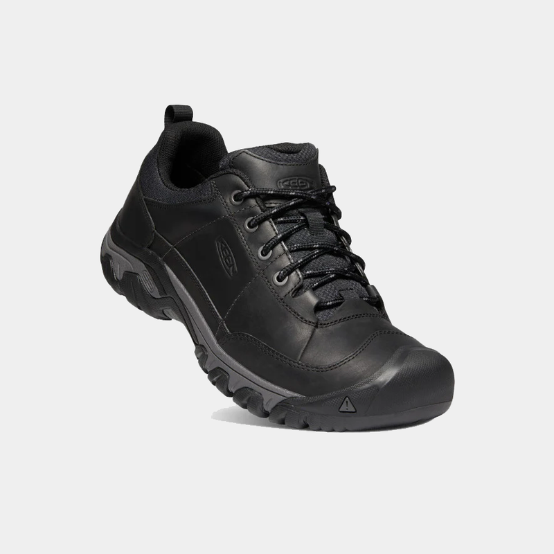 Keen Targhee III Oxford shoes in black with leather upper, sturdy outsole, and lace-up closure, angled front view.