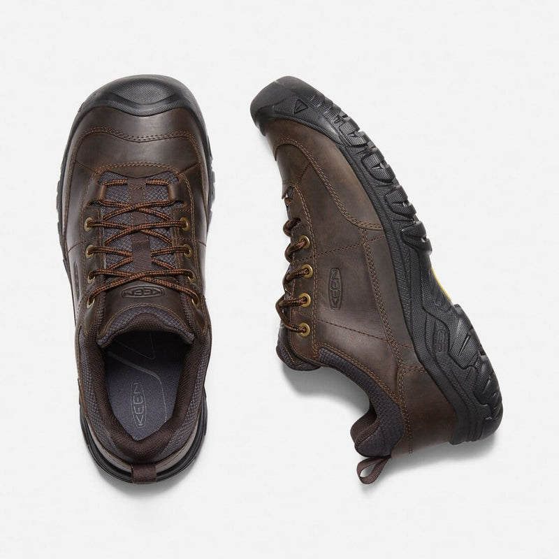 Keen Targhee III Oxford shoes in dark brown leather with durable stitching, lace-up closure, and rugged outsole, top and side views.