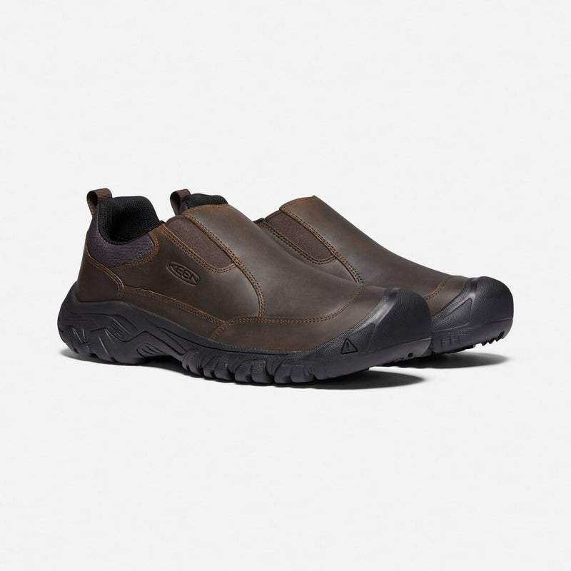 Keen Targhee III Slip-On shoes in dark brown leather with rugged black rubber outsole, front side angle.