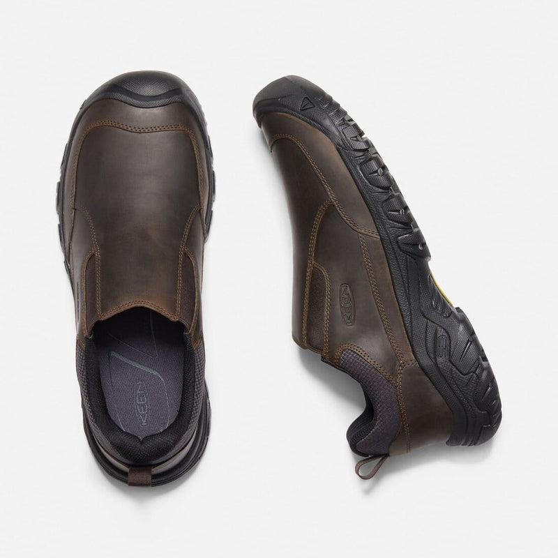 Keen Targhee III Slip-On shoes in dark brown leather with black rubber outsole, top and side view.