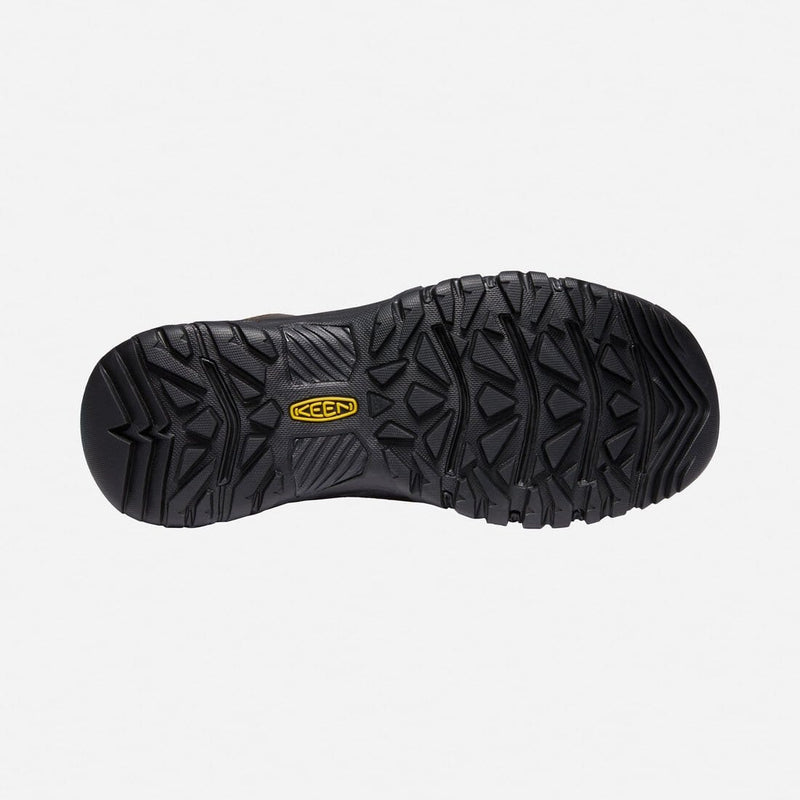 Keen Targhee III Slip-On shoe outsole in black rubber with rugged tread pattern and yellow Keen logo, sole/bottom view.