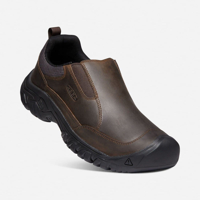 Keen Targhee III Slip-On shoes in dark brown leather with black rubber outsole and elastic side panels, angled front view.