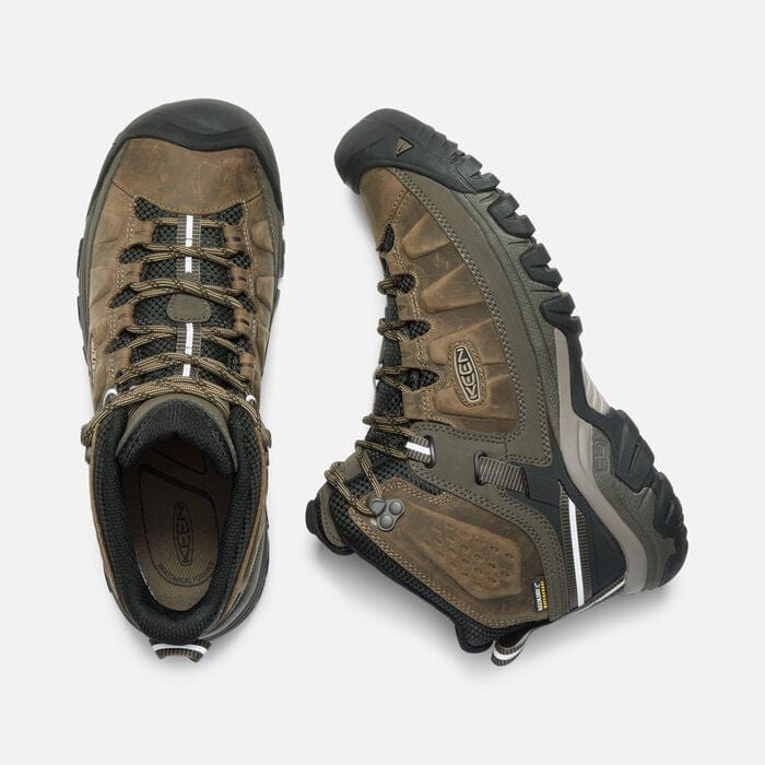 Keen Targhee III Waterproof Mid hiking boots in brown leather with black rubber outsole and waterproof features, top and side view.