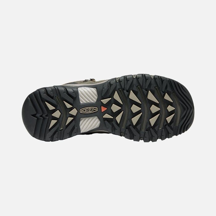 Keen Targhee III Waterproof Mid hiking boots outsole with multi-directional lug pattern and durable rubber in black and tan.