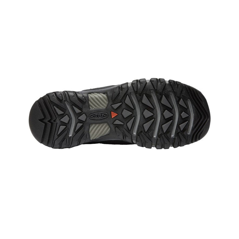 Keen Targhee III Waterproof hiking shoe outsole in black with rugged tread pattern and high-traction lugs, bottom view.