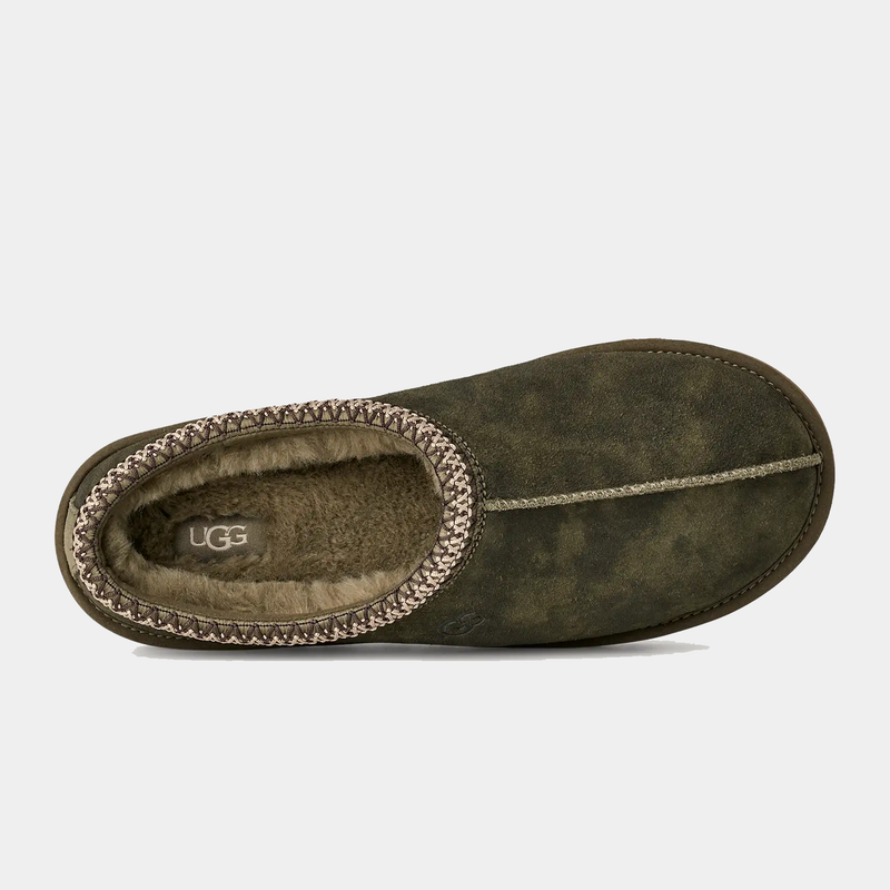UGG Tasman Baxter slipper in olive green suede with plush shearling lining and braided collar detail, top view.