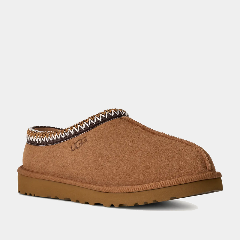 UGG Tasman II Slipper in chestnut brown with suede upper, embroidered collar detail, and durable outsole, side view.