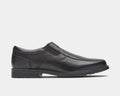 Rockport Taylor Slip On shoes in black leather with elastic side gussets and textured outsole, side view.