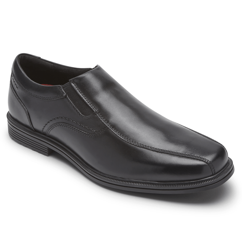 Rockport Taylor Slip On dress shoe in black leather with subtle stitching details and elastic side panels, front angle view.