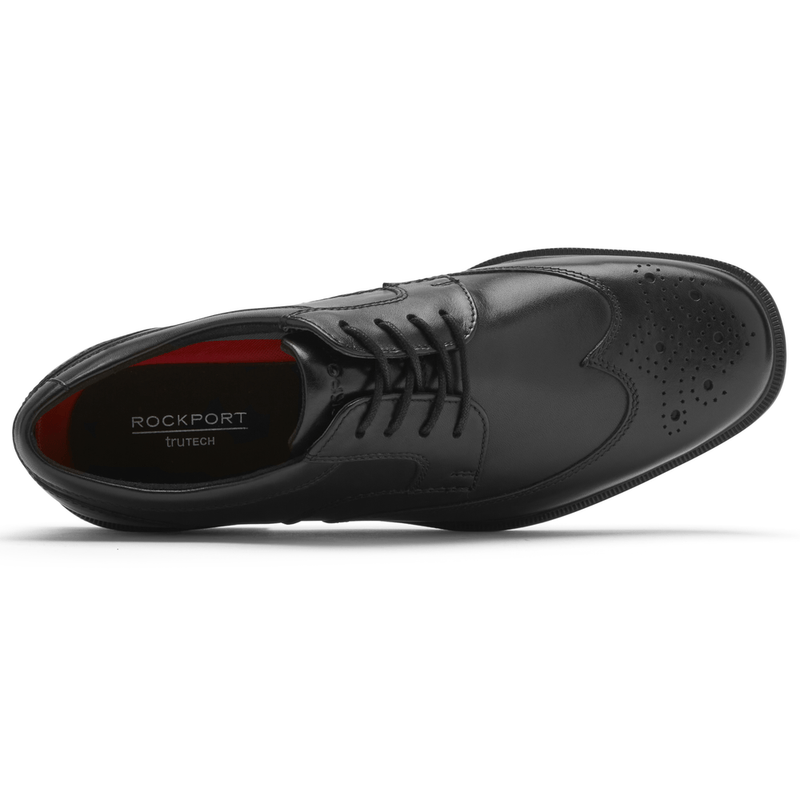 Rockport Taylor Waterproof Wingtip dress shoe in black leather with brogue details and lace-up design, top view.