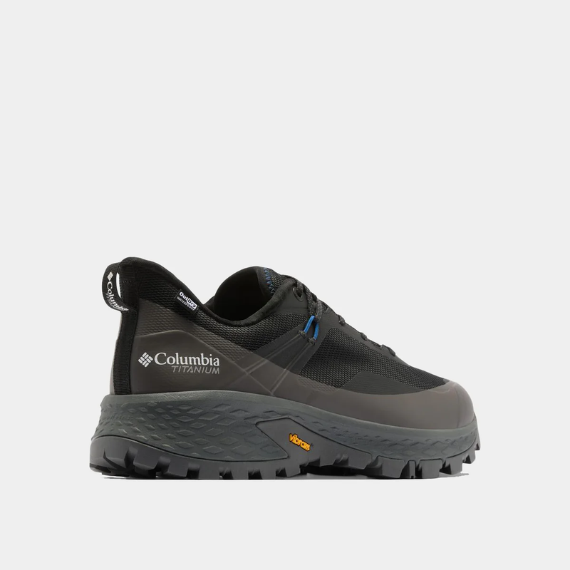 Columbia Tellurix Titanium OutDry shoes in black and gray with breathable mesh upper, Vibram outsole, and waterproof design, side view.