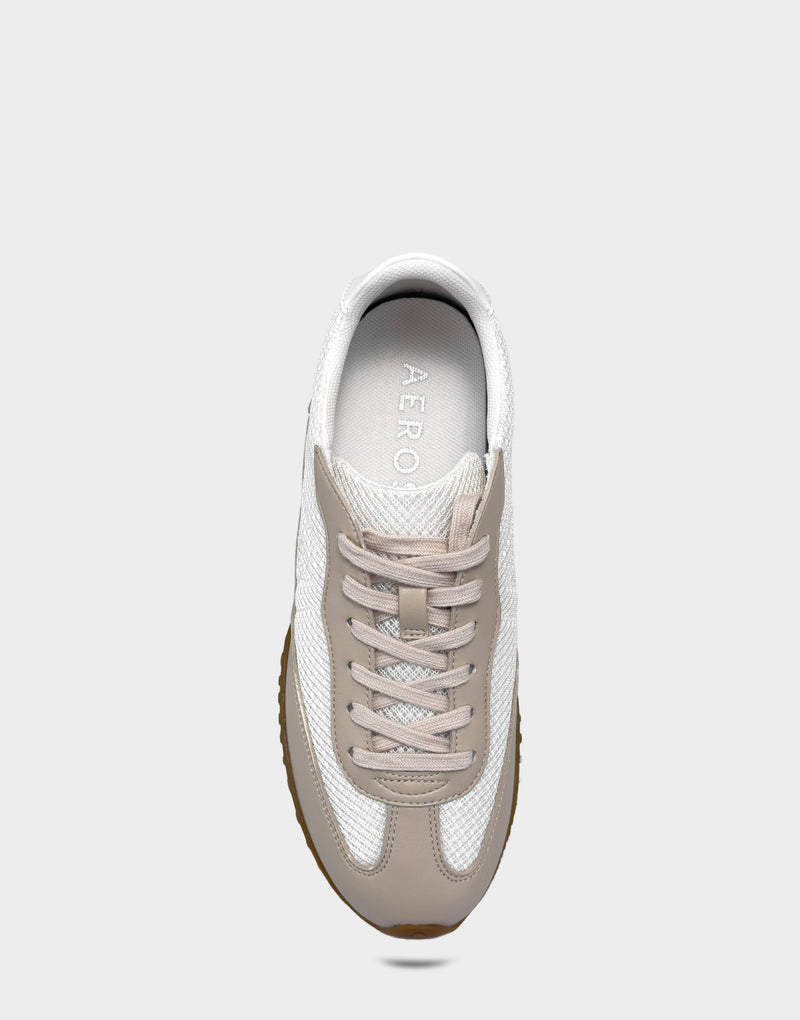 Comfortable Women's Sneaker in Bright White Mesh/Faux Leather, top view