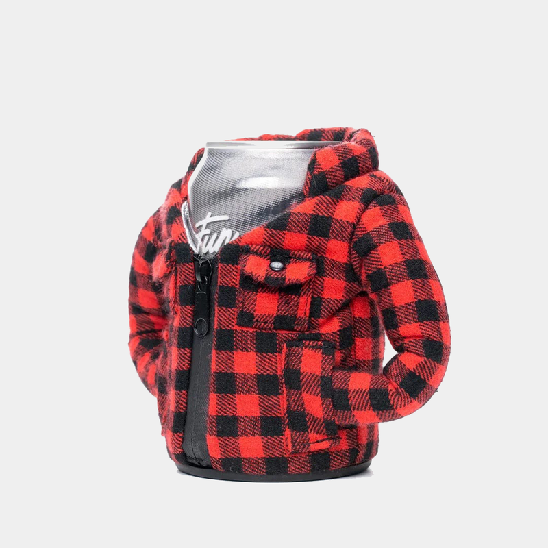 Puffin The Lumberjack can cooler in red and black plaid fleece with zippered front and pocket details, front view.