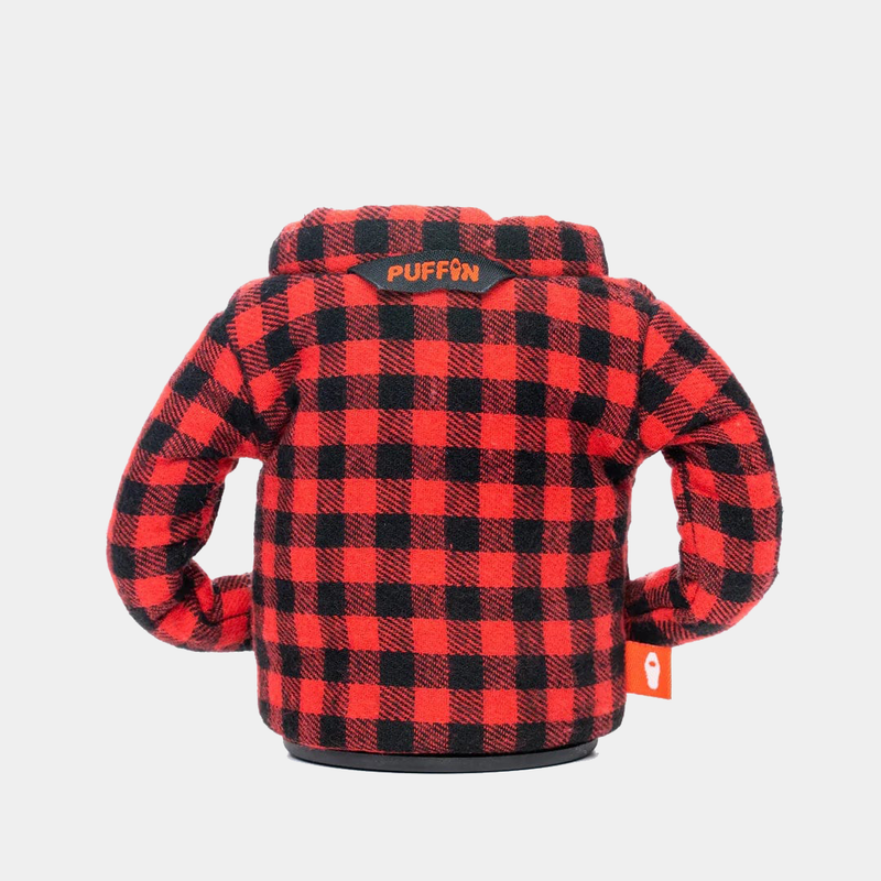 Puffin The Lumberjack bottle cooler in red and black buffalo plaid pattern with branded collar detail, back view.