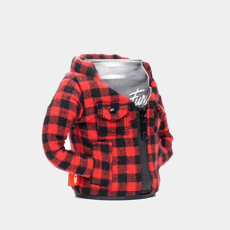 Puffin "The Lumberjack" can cooler in red and black plaid flannel design with zippered front and pocket details, side view.
