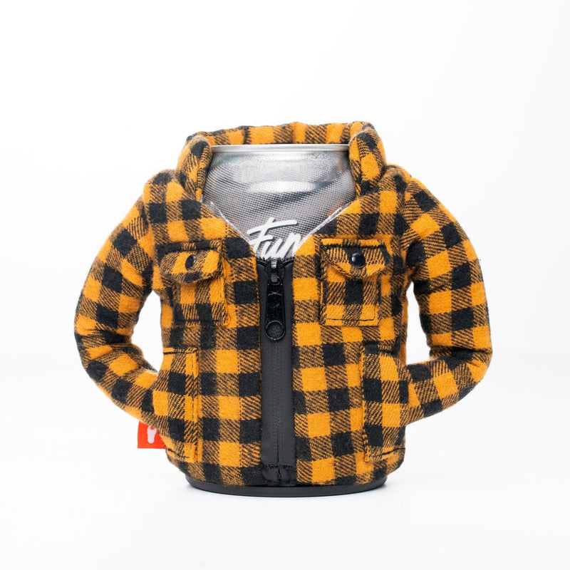 Puffin The Lumberjack can cooler featuring black and yellow plaid flannel design with zipper and pocket details, front view.