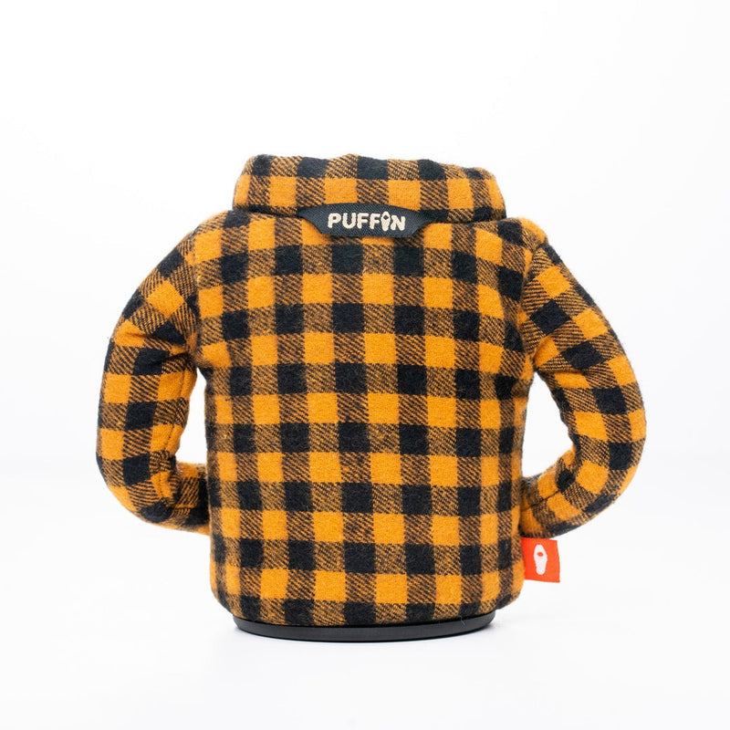 Puffin The Lumberjack beverage jacket in yellow and black plaid fleece with Puffin logo patch, back view