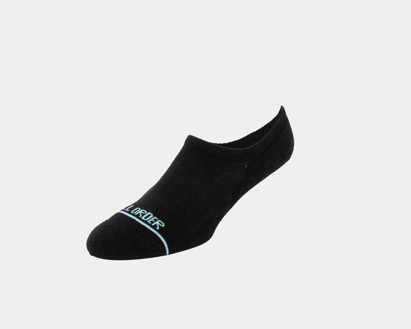Tall Order The No-Show Socks black low-cut design with logo detail on the toe, side view against a white background.