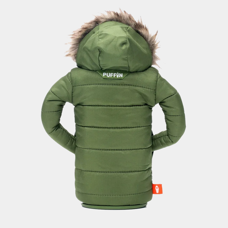 Puffin The Pahka bottle jacket in olive green with quilted design, faux fur-lined hood, and logo detail, back view.