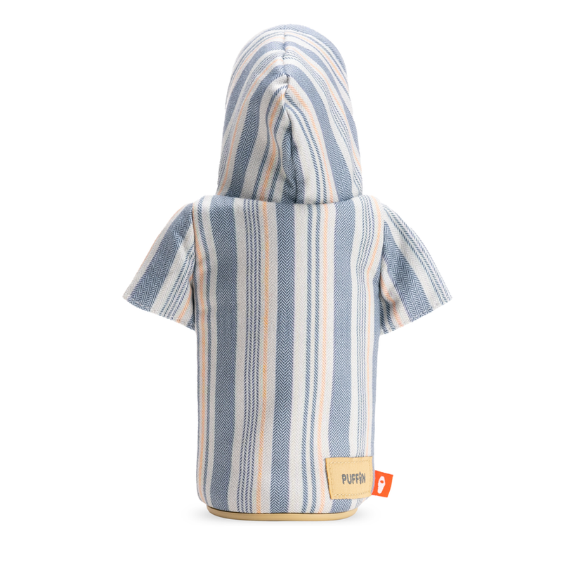 Puffin The Shaka beverage holder with striped blue, white, and orange fabric and hoodie design, back view.