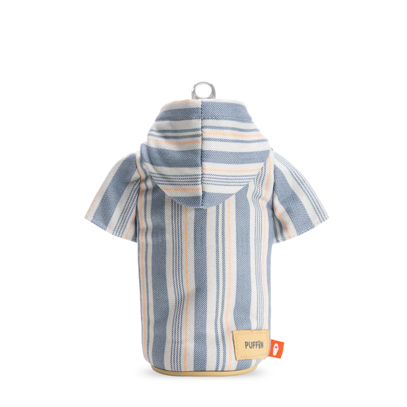 Puffin The Shaka bottle sleeve with a hoodie design in blue, white, and orange stripes, back view