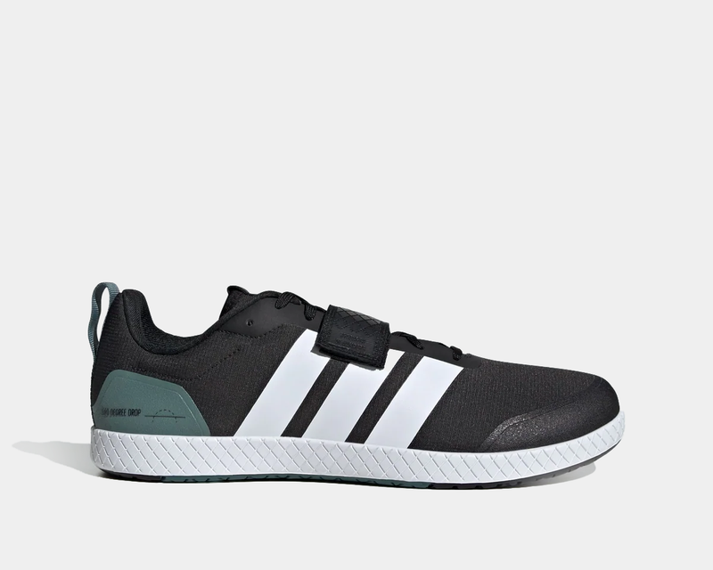Adidas THE TOTAL 2 training shoes, black textile upper with white stripes, teal heel detail, and lace-up with strap closure, side view.