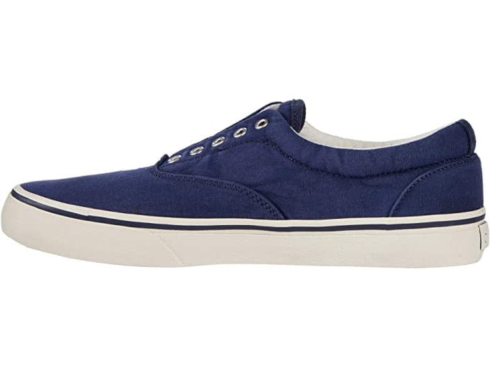 Polo Ralph Lauren Thorton V sneakers in navy blue canvas with white rubber sole and silver eyelets, side view.