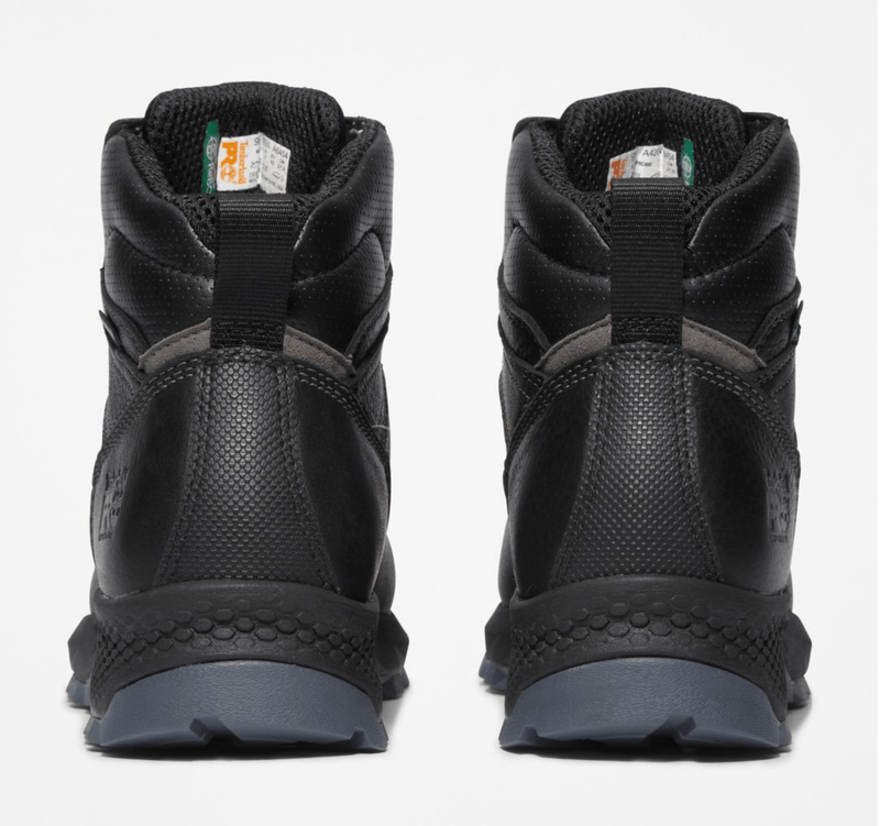 Timberland Pro Titan EV 6" Waterproof Composite Toe Boots in black with textured leather upper and gray outsole, back view.