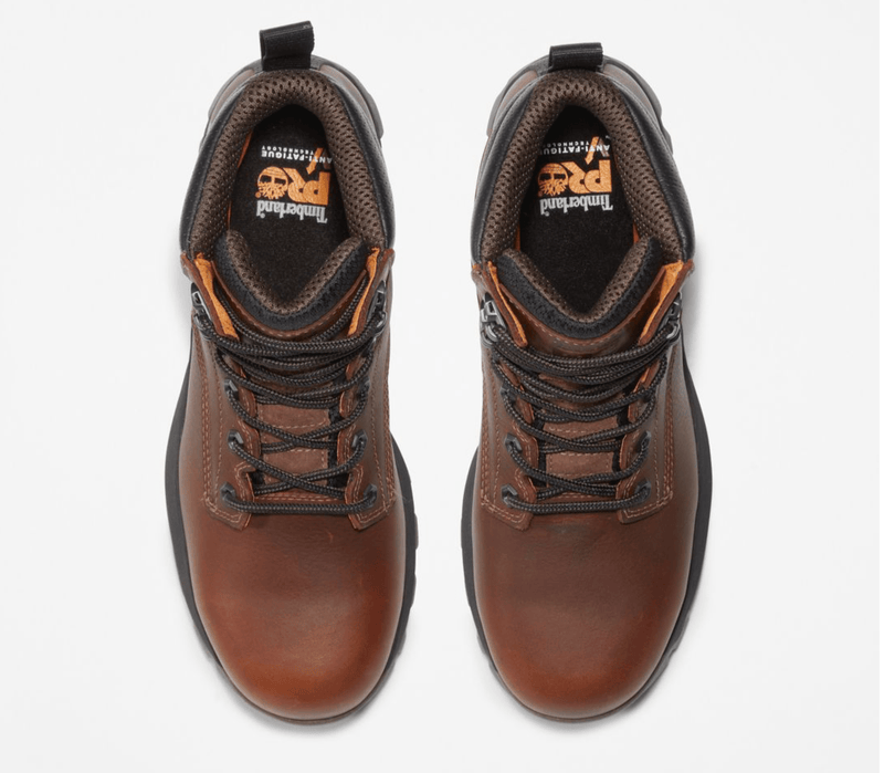 Timberland Pro Titan EV 6" Waterproof Composite Toe Boot in brown leather with black mesh lining and sturdy lace-up design, top view.