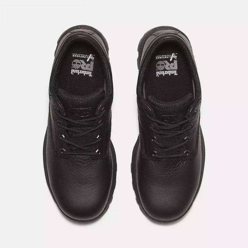 Timberland Pro TiTAN EV Composite Toe Oxford work shoes in black with durable leather upper and lace-up closure, top view showing interior branding.