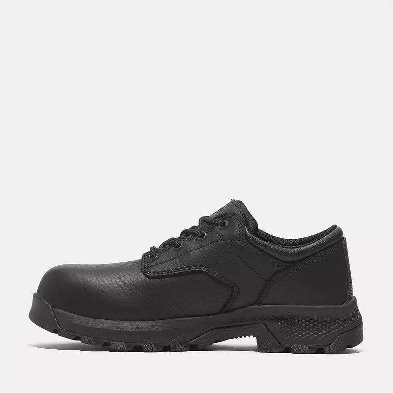 Timberland Pro TiTAN EV Composite Toe Oxford work shoes in black with leather upper and rugged outsole, side view.