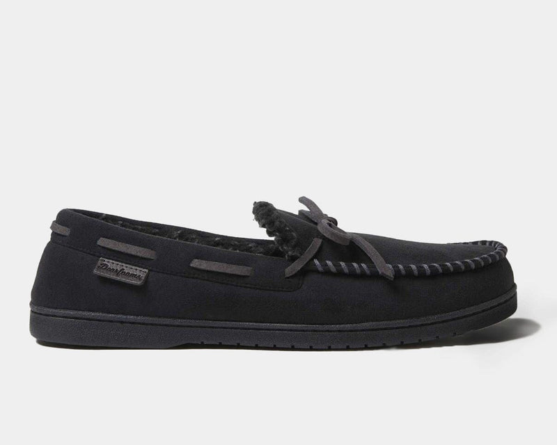 Dearfoams Toby Microsuede Tie Moccasin slippers in black with microsuede upper, faux shearling lining, and stitched detailing, side view.