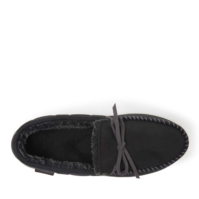 Dearfoams Toby Microsuede Tie Moccasin in black with faux fur lining and decorative tie detail, top view.