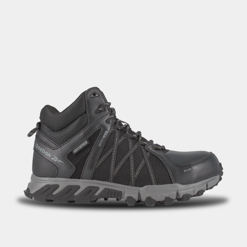 Reebok Work Trailgrip Work shoes side view in black with waterproof upper, alloy toe, and rugged slip-resistant outsole.