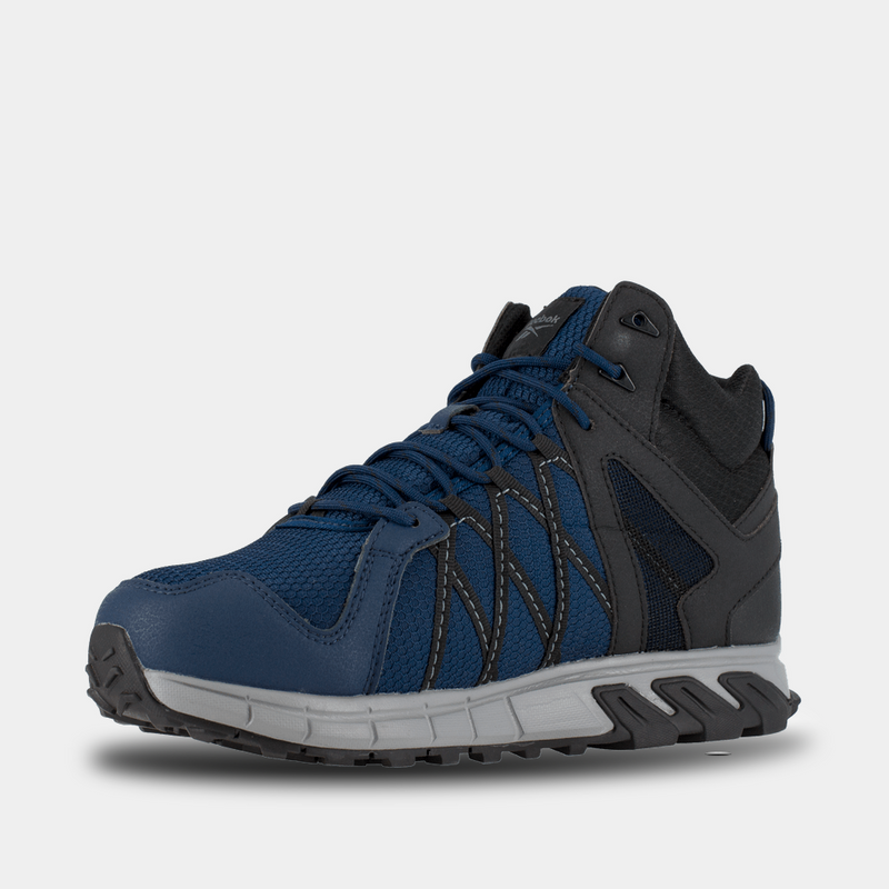 Reebok Work Trailgrip Work shoes, blue and black with rugged synthetic upper and cushioned midsole, front-side view.
