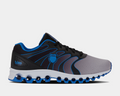 K-Swiss Tubes 200 shoes in gray and black with blue accents, mesh upper and tubular outsole, side view.