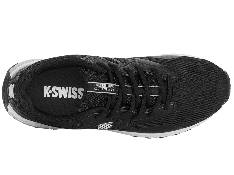 K-Swiss Tubes Sport athletic shoes in black with mesh upper and lace-up design, top view showing branding on tongue.