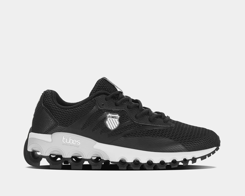 K-Swiss Tubes Sport shoes in black with breathable mesh upper, tube-inspired outsole design, and white midsole, side view