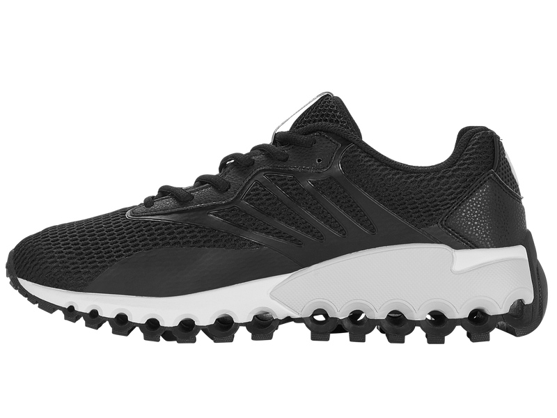 K-Swiss Tubes Sport sneakers in black with breathable mesh upper, synthetic overlays, and white Tubes outsole, side view.