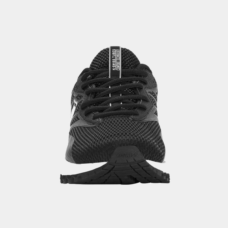 K-Swiss Tubes Sport sneakers in black with mesh upper, tubular sole design, and lace-up closure, front view.