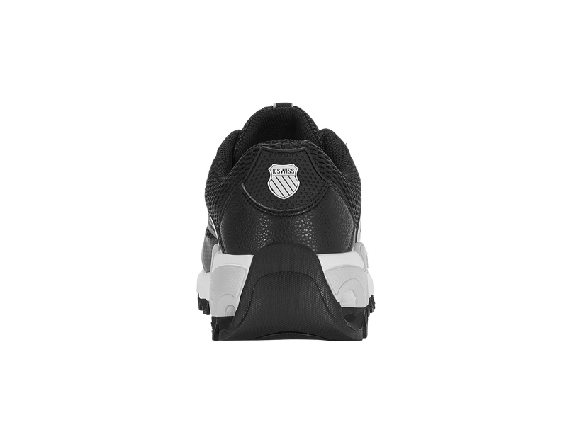 K-Swiss Tubes Sport sneakers in black with textured upper, branded heel detail, and white midsole, back view.