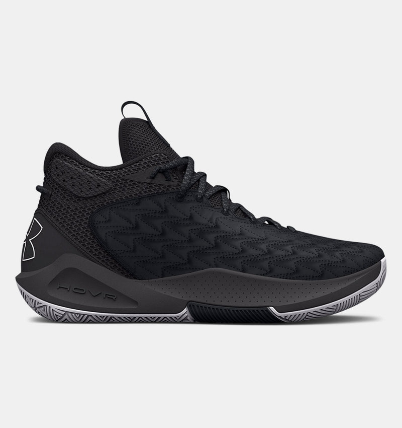 Under Armour UA HOVR™ Havoc 5 Clone Team basketball shoes in black with mesh upper and textured zigzag design, side view.