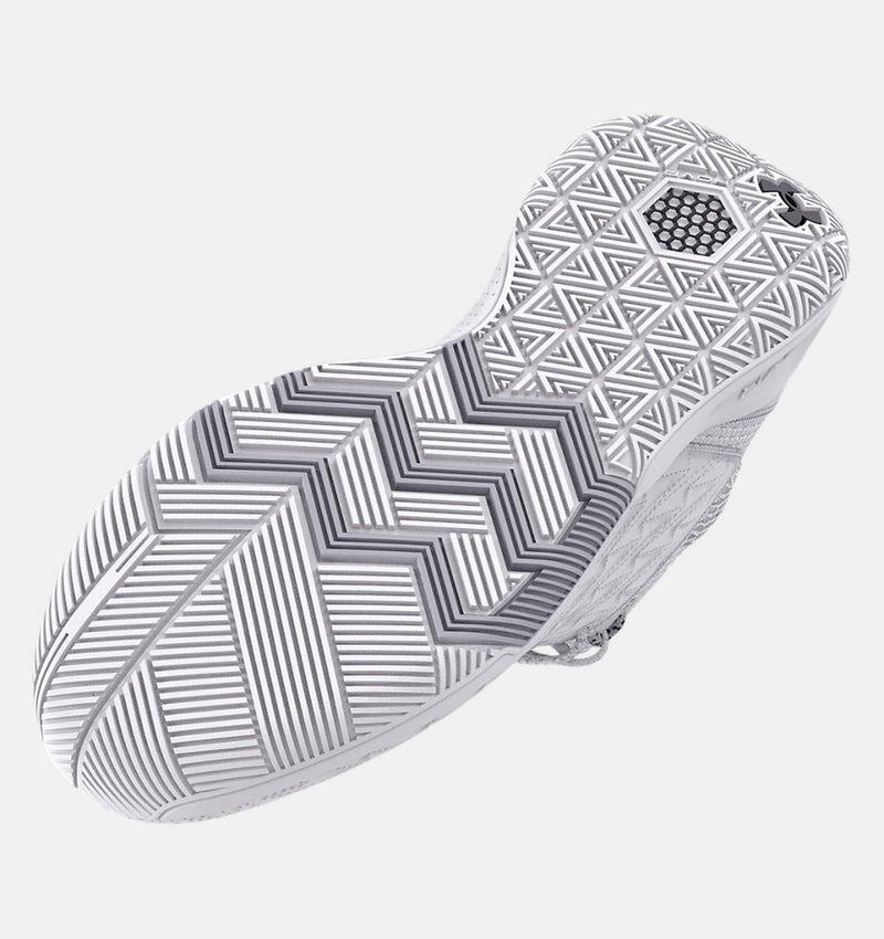 Under Armour UA HOVR™ Havoc 5 Clone Team basketball shoes, sole view showcasing geometric traction pattern in white and gray rubber.