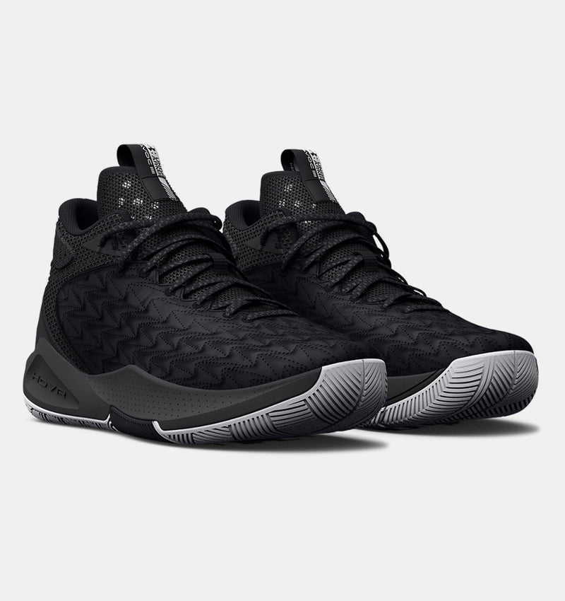 Under Armour UA HOVR™ Havoc 5 Clone Team basketball shoes in black with textured upper and gray outsole, front angle view.